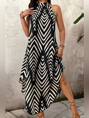 NWOT SHEIN Black and Cream Asymmetrical Halter Dress with Geometric Print